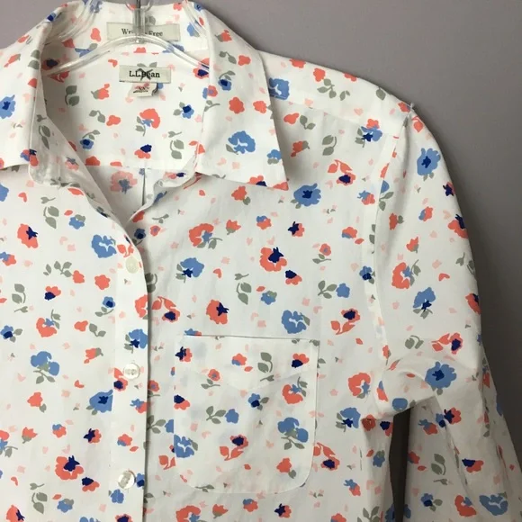 L.L. Bean Floral Blouse Wrinkle Free Button Up Top XXS Pink Blue Flowers - Picture 2 of 8